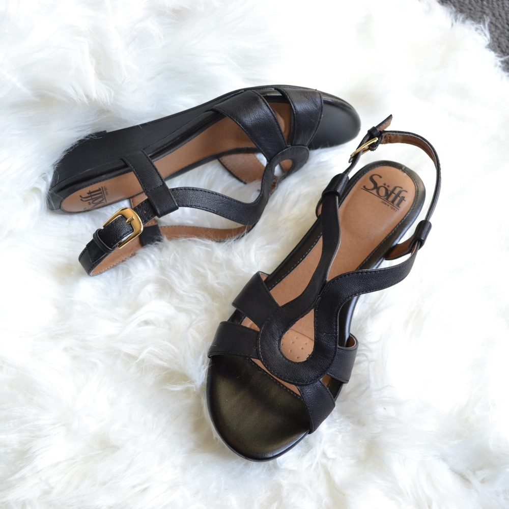 SOFFT | Black Leather Sandals Wedge Heel